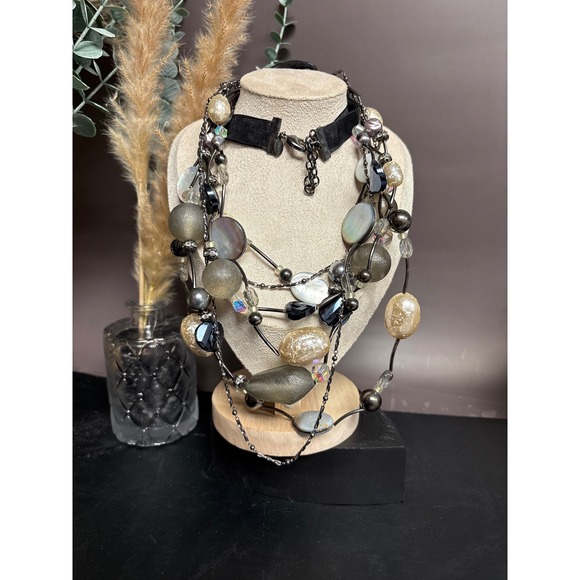 Chico's Layered Black Ribbon Statement Necklace | Gunmetal Beads + Faux Pearl - Picture 2 of 6